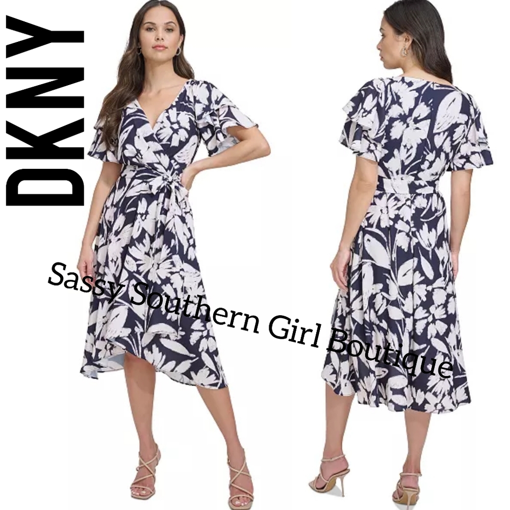 🆕⭐DKNY Navy Floral Midi Dress